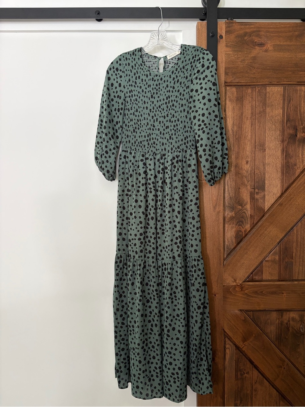 roolee green and black polka dot smocked maxi dress with puff sleeves